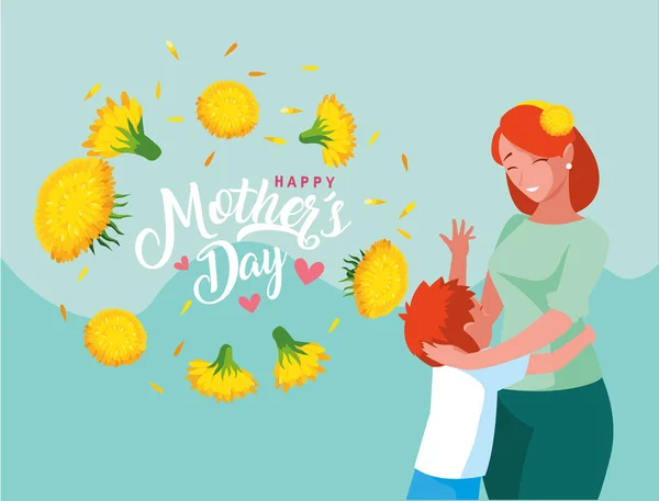 Feliz tarjeta del día de la madre con la mamá y el hijo — Vector de stock