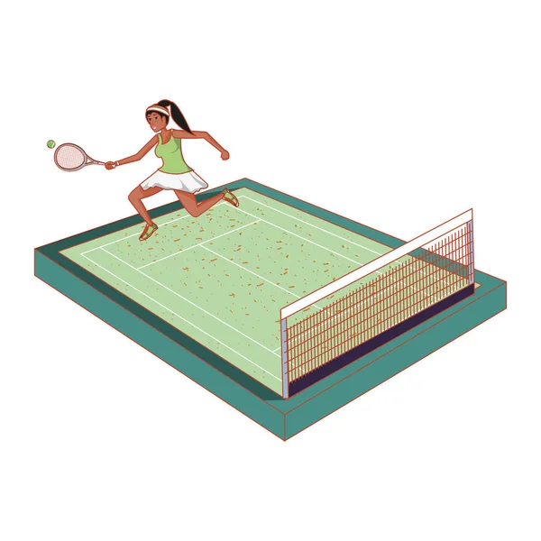 Mujer practicando tenis en la corte — Vector de stock