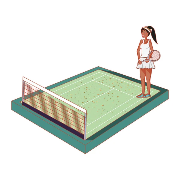 Жінка практикує теніс в суді — стоковий вектор