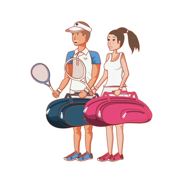 Casal jogando tênis com sacos —  Vetores de Stock