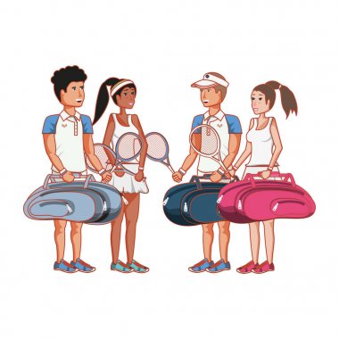 çanta ve raketler ile tenis oynayan insanlar
