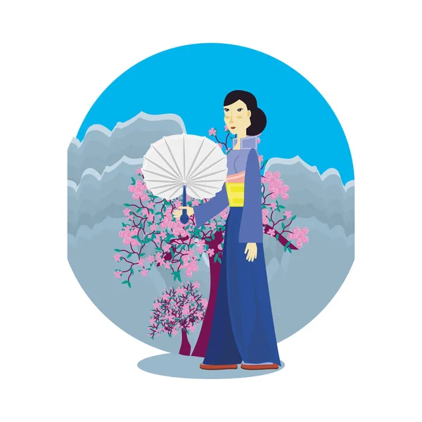 Geisha med kinesiskt träd med naturligt landskap — Stock vektor