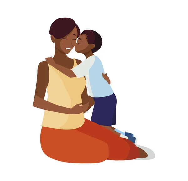 Küçük oğul karakterleri ile güzel siyah anne — Stok Vektör