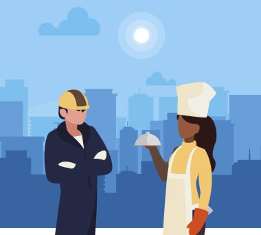 gün doğuşunda Cityscape profesyonel işçiler çift