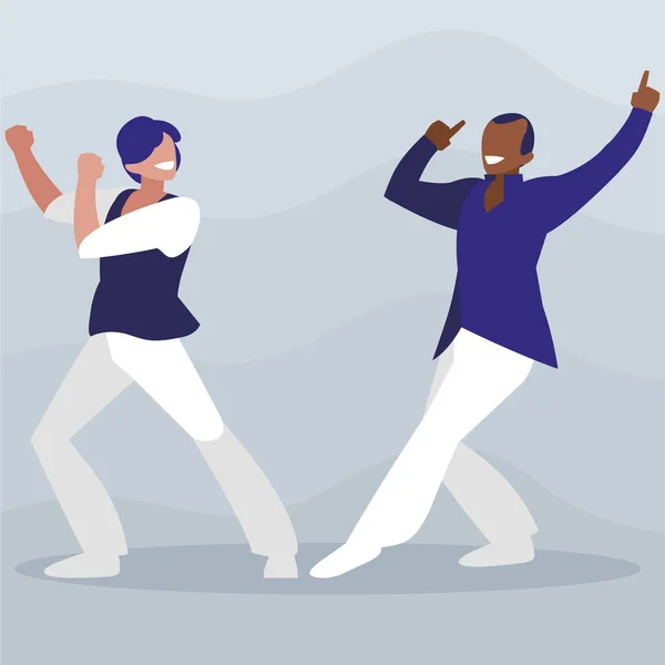 Danseurs interracial couples personnages de style disco — Image vectorielle