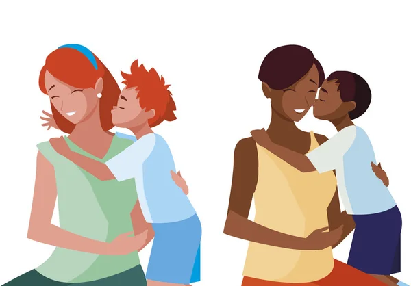 Interracial matek z małymi dziećmi znaków — Wektor stockowy