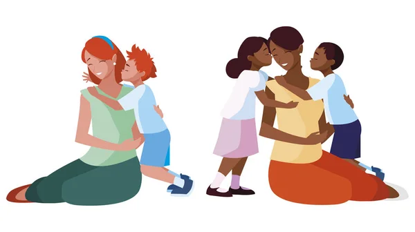 Mères interracial avec des petits enfants personnages — Image vectorielle
