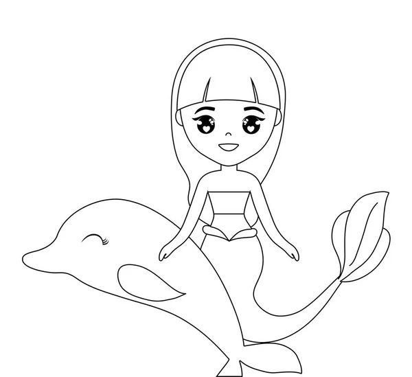 Linda sirena con delfín animal — Vector de stock