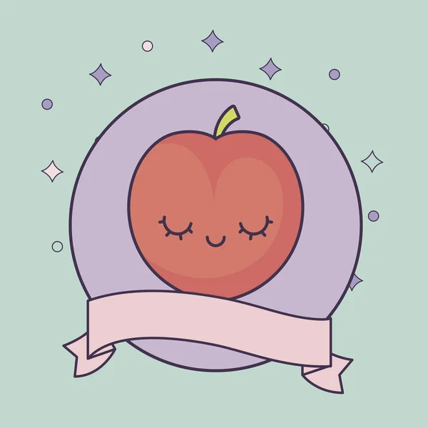 Fruta de melocotón con carácter kawaii cinta — Vector de stock