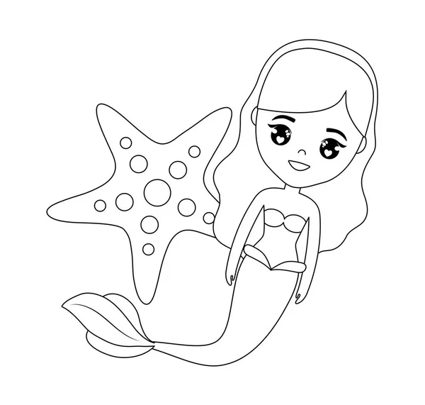 Putri duyung lucu dengan bintang laut - Stok Vektor