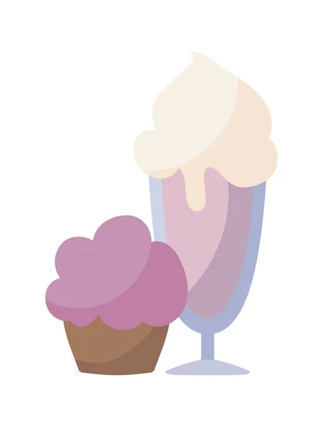 Délicieuse crème glacée dans une tasse avec cupcake — Image vectorielle