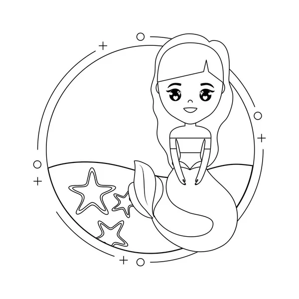 Cute mermaid with sea in frame circular — Stock Vector