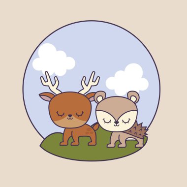 manzara Ren geyiği ile sevimli kirpi