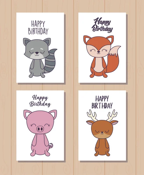 귀여운 동물 들과 함께 생일 축 하 카드 세트 — 스톡 벡터