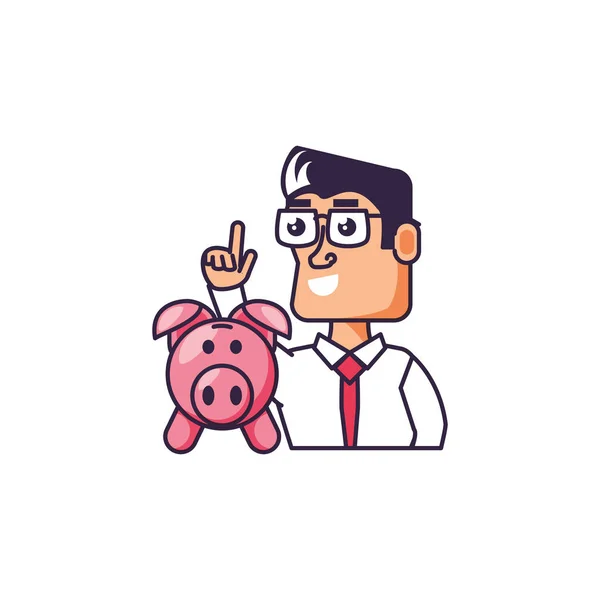 Zakenman elegant met hand up en Piggy Bank — Stockvector