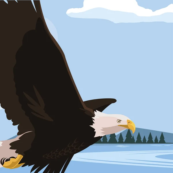 Mooie Bald Eagle vliegen in de Lake scene — Stockvector