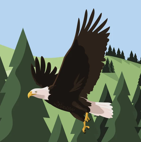 Beautiful bald eagle flying in the landscape — Stock Vector