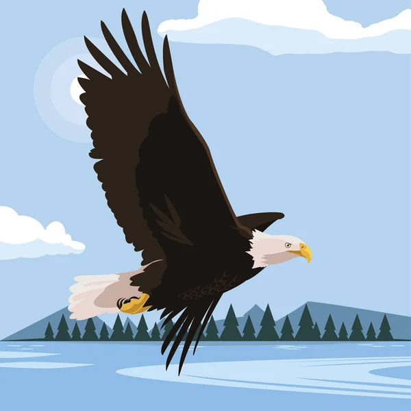 Hermoso águila calva volando en la escena del lago — Vector de stock