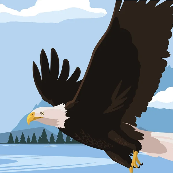 Hermoso águila calva volando en la escena del lago — Vector de stock