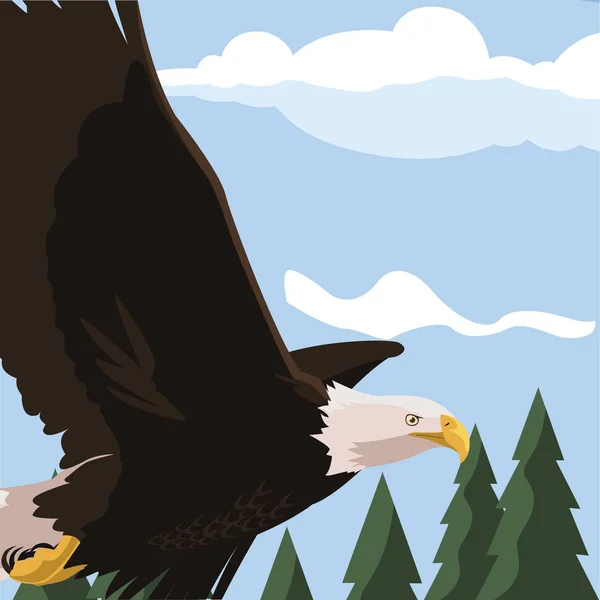 Beautiful bald eagle flying in the landscape — Stock Vector