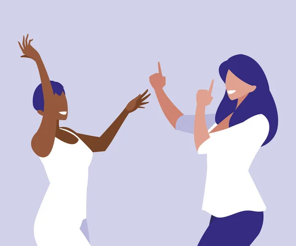 Jonge interraciale meisjes dansen personages — Stockvector