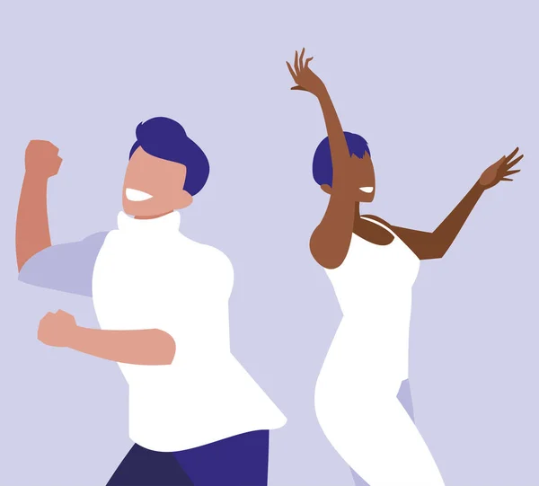 Joven interracial pareja bailando caracteres — Archivo Imágenes Vectoriales