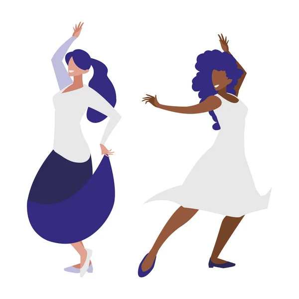 Young interracial girls dancing characters — Stock Vector