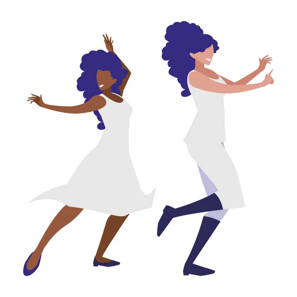 Jóvenes interracial niñas bailando caracteres — Archivo Imágenes Vectoriales