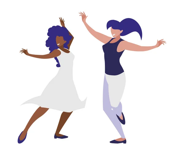 Jóvenes interracial niñas bailando caracteres — Vector de stock