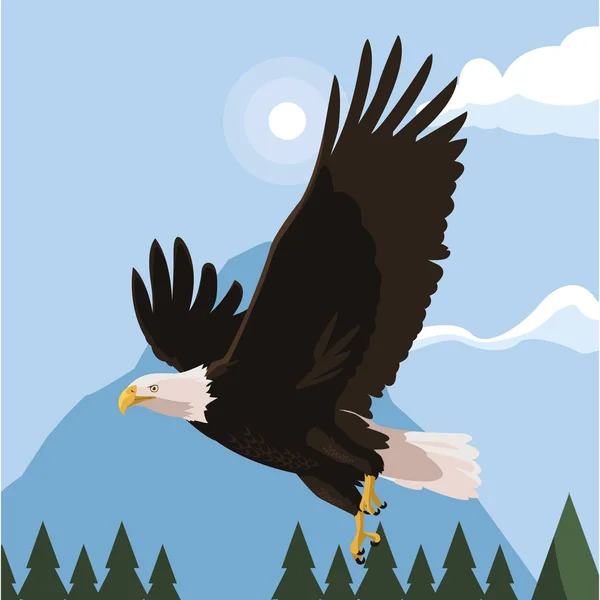 Beautiful bald eagle flying in the landscape — Stock Vector