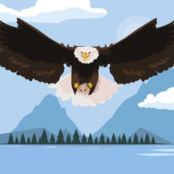 Beautiful bald eagle flying in the lake scene — Stock Vector