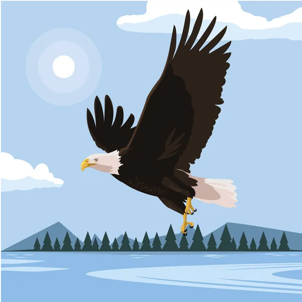 Hermoso águila calva volando en la escena del lago — Archivo Imágenes Vectoriales