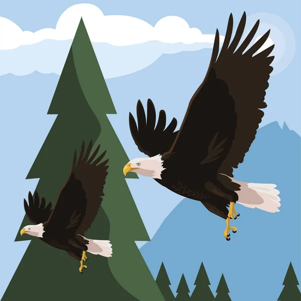Belas águias carecas voando na paisagem —  Vetores de Stock