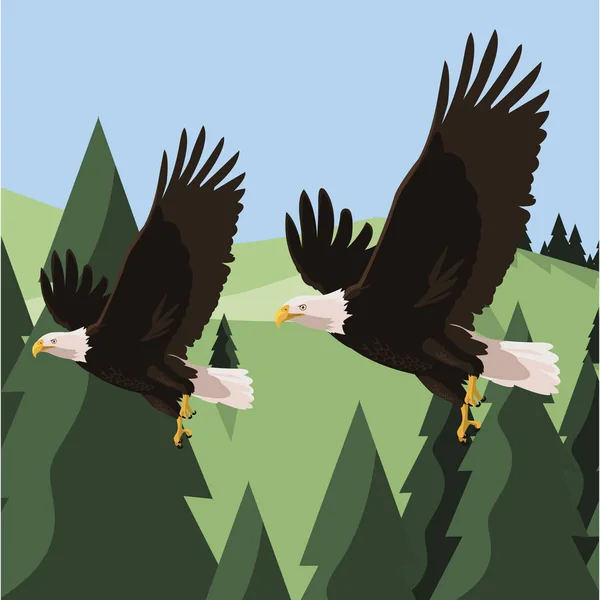 Hermosas águilas calvas volando en el paisaje — Archivo Imágenes Vectoriales