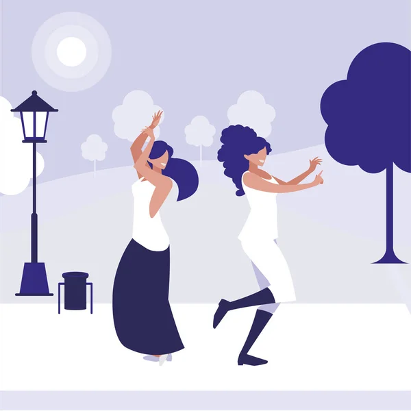 Chicas jóvenes bailando en los personajes del parque — Vector de stock