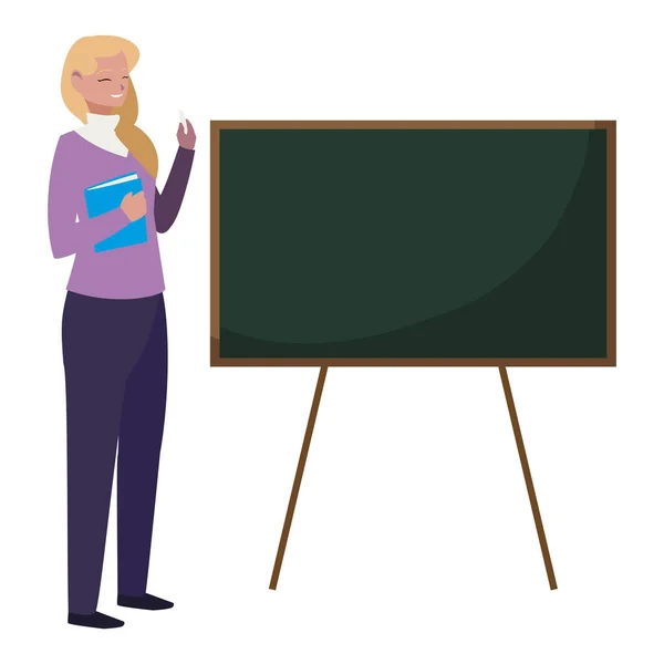 Female teacher with textbook and chalkboard — Stock Vector