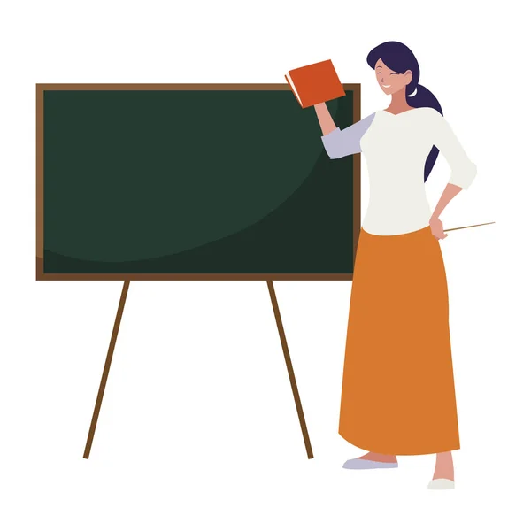 Female teacher with textbook and chalkboard — Stock Vector