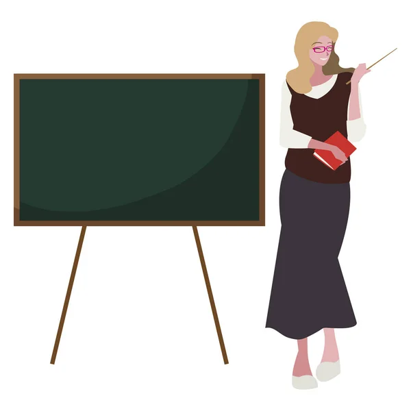 Női tanár tankönyvvel és Chalkboard — Stock Vector