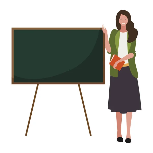 Vrouwelijke leraar met leerboek en schoolbord — Stockvector
