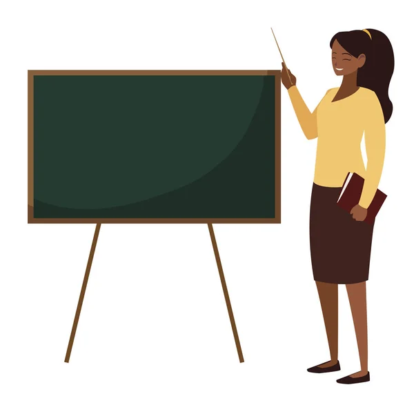 Enseignante noire avec manuel et tableau noir — Image vectorielle