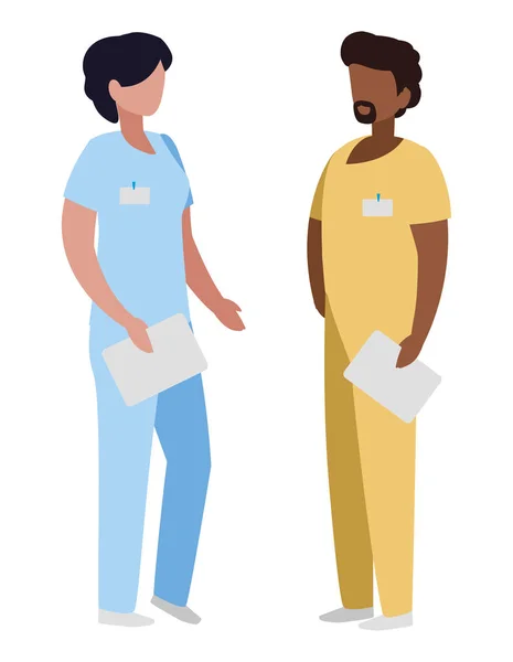 Interracial casal medicina trabalhadores com caracteres uniformes — Vetor de Stock