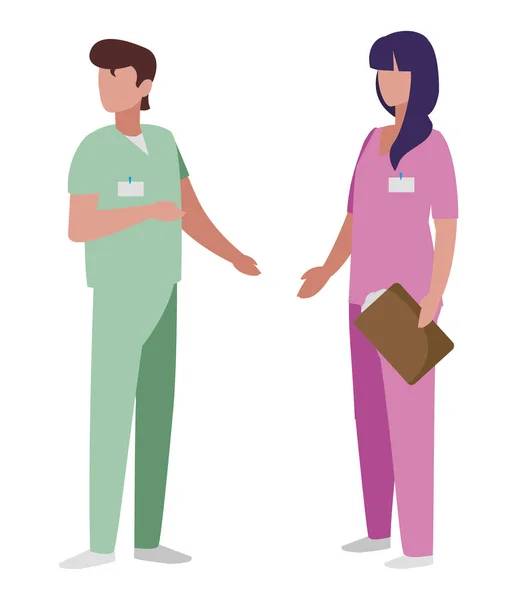 Couple de travailleurs de la médecine avec des caractères uniformes — Image vectorielle