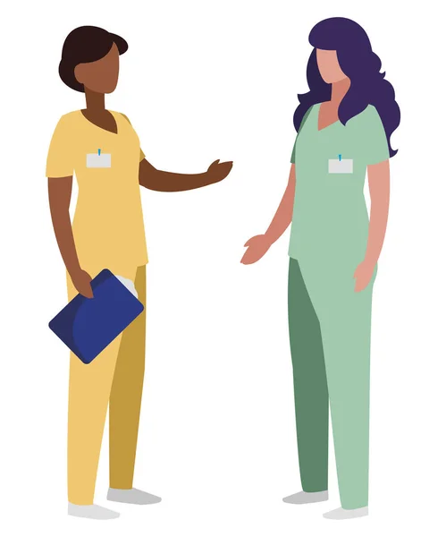 Interracial female medicine workers with uniform characters — Stock Vector