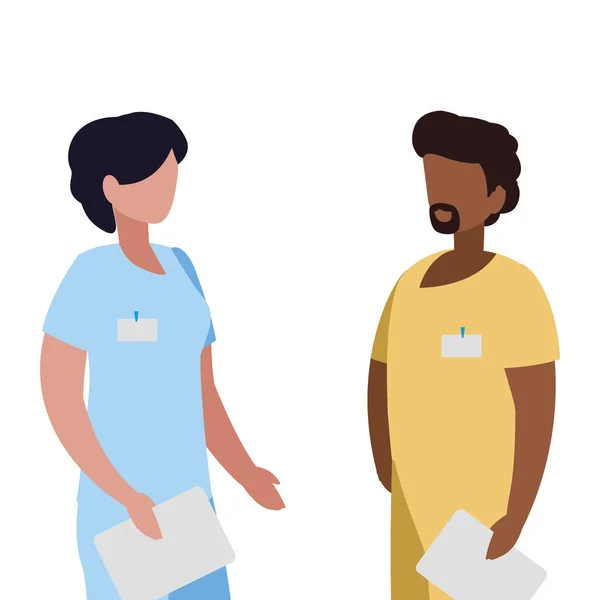 Interracial couple medicine workers with uniform characters — Stock Vector