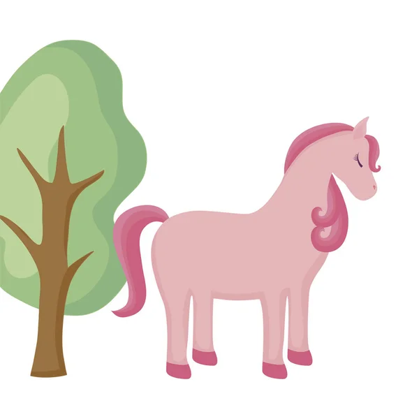 Unicorn cute hewan dengan tanaman pohon - Stok Vektor