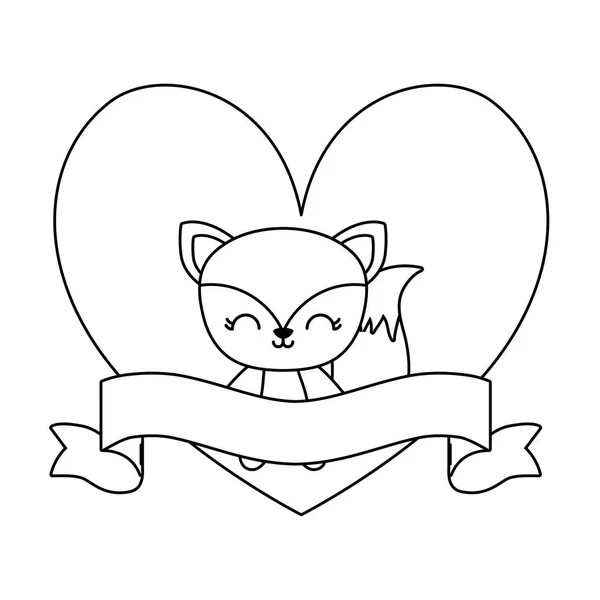 Cute Fox zwierzę z wstążką w kształcie serca ramki — Wektor stockowy