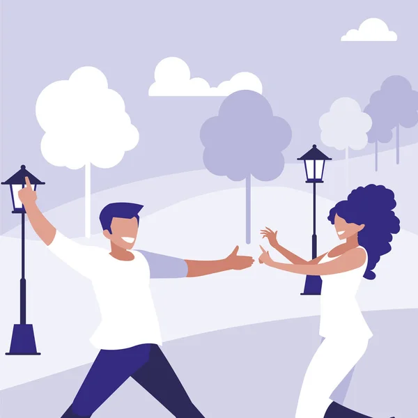 Молодая пара танцует в парке символов — стоковый вектор