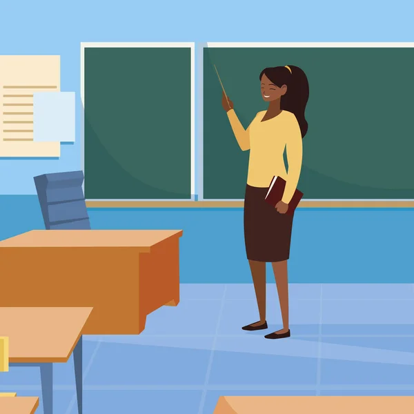 Sınıfta ders kitabı ile siyah kadın öğretmen — Stok Vektör