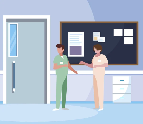 Travailleurs en médecine masculine portant des uniformes dans le couloir de l'hôpital — Image vectorielle