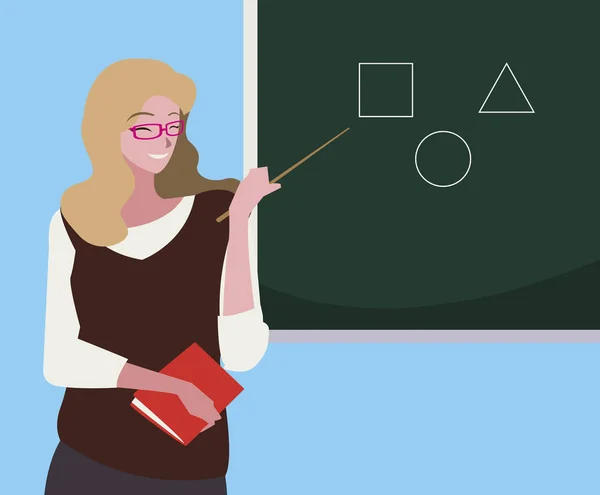 Kvinnlig lärare med lärobok och svarta tavlan — Stock vektor